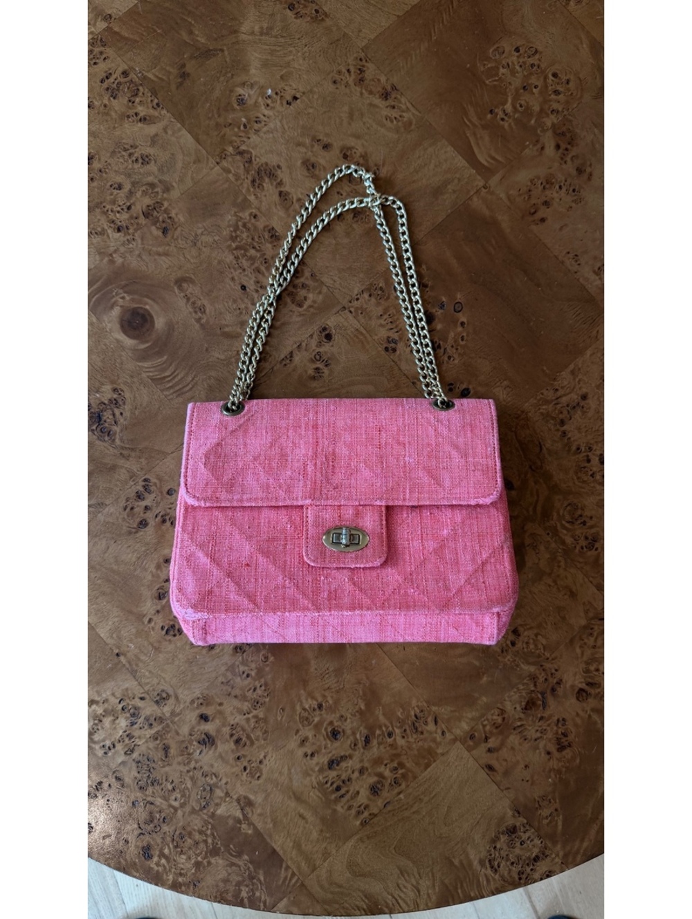 Pink Quilted Fabric Shoulder Bag with Brass Chain Strap
